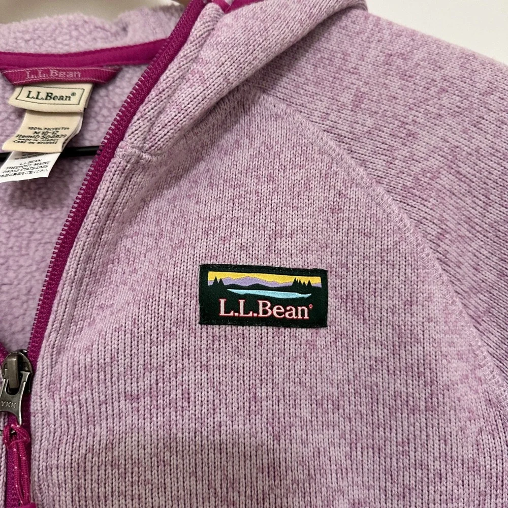 LL Bean | Girls Kids Heathered Purple Full Zip Fleece Hooded Sweater Jacket, M